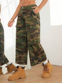 SHEIN PETITE Pantalones vaqueros de mujer, pantalones de algodón con camuflaje, cintura ultrabaja y pernera ancha, sexy