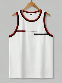 Manfinity Homme Men's Casual Daily And Beach Vacation Style, INS Matching Item: Classic Black, White, And Red Color Block Design White Basketball Jersey Style Tank Top, With A Creative Alphabet Combination Design On The Chest And Black And Red Ribbed Color Block On The Cuffs And Neckline. Perfect For Beach Vacations, And Great As Gifts For Boyfriends Or Husbands.