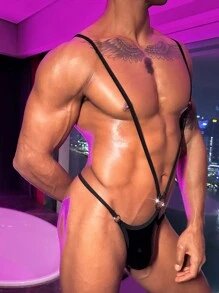 Men's Sexy Hollow-Out Backless Bodysuit With Ring Connection - Black - View 7