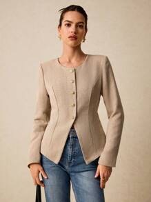 Poéselle Herringbone Tweed Front Metallic Buttons Waisted Long Sleeve Overcoat - Apricot - View 3