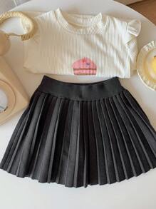 DAZY Vestido de punto plisado de color liso, de estilo minimalista, para niñas (talla pequeña), para uso casual diario