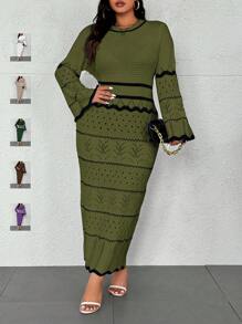 Flirla 大码女式条纹喇叭袖修身针织毛衣裙，秋冬款