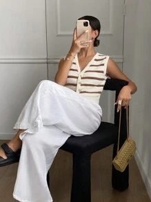 SHEIN Frenchy 女式前扣无袖口袋条纹简约休闲毛衣背心秋冬款 - 咖啡棕 - 查看 3