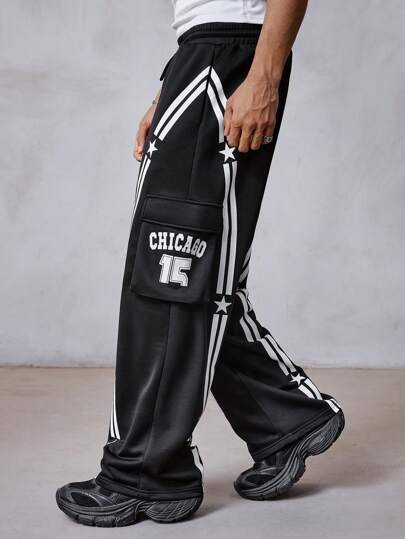 Prep Men's Letter & Pentagram Print Drawstring Waist Cargo Pocket Casual Sweatpants