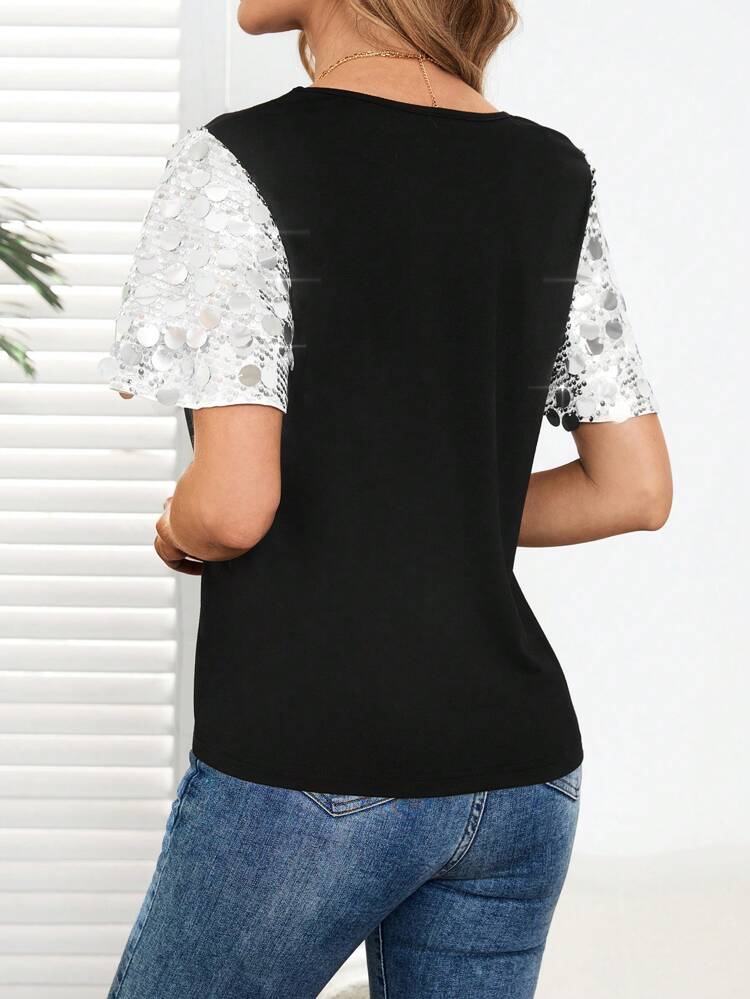 Women Sequin Ruffle Sleeve Patchwork Round Neck Casual Tee For Spring/Summer, Party & Daily Wear