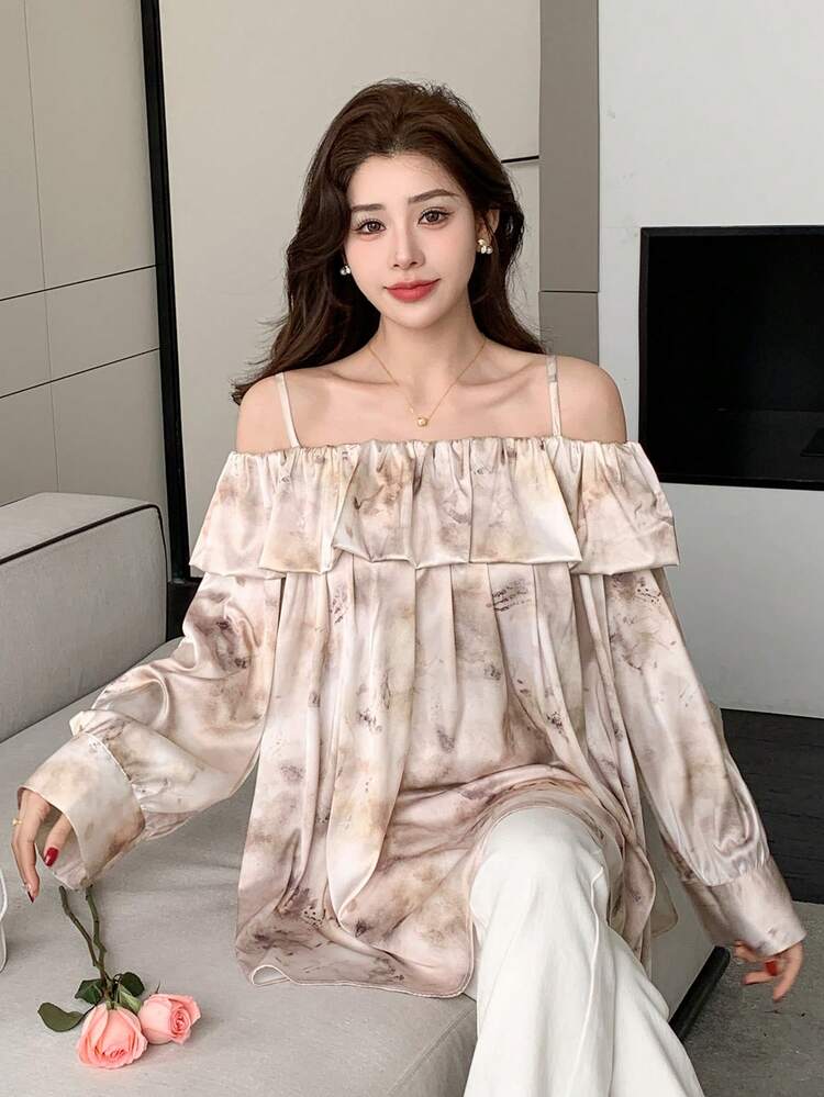 Women's Elegant Casual Vacation Floral Print Long Sleeve Off Shoulder Ruffle Collar Blouse, Summer Boho