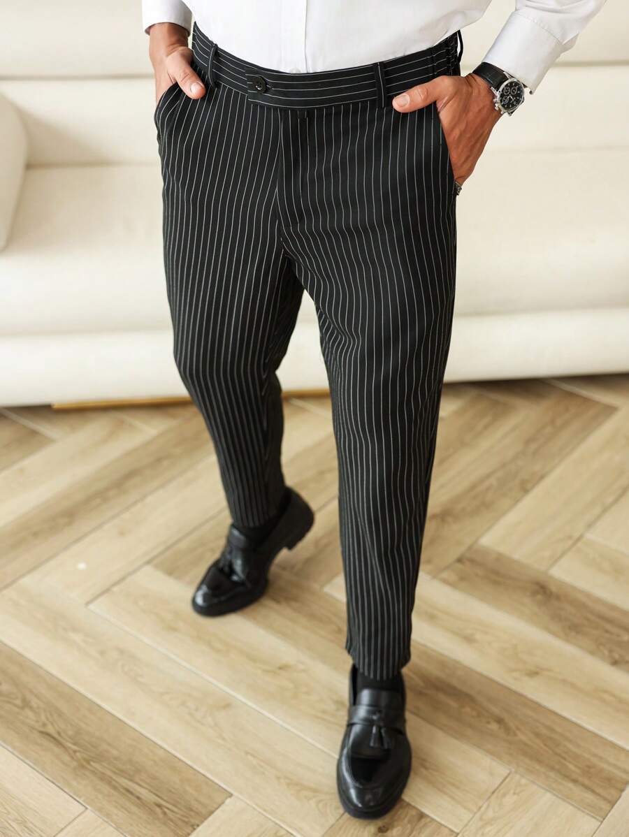 Manfinity Bizformal Men's Front Button Pocket Striped Casual Trousers - Black - View 1