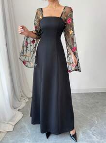 Elenzga Đầm dự tiệc sang trọng thêu hoa hồng tương phản lưới đen thanh lịch cho nữ - màu đen - Xem 5