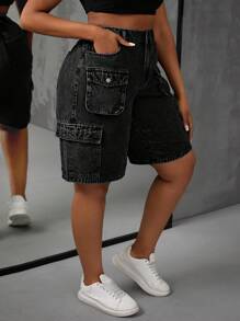 SHEIN SXY Plus Size Women's Cargo Pocket Loose Denim Shorts - Black - View 1