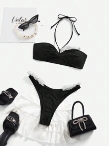SHEIN Swim Summer Women's Valentine's Day Romantic 3D Floral Bikini Set - Black and White - View 6