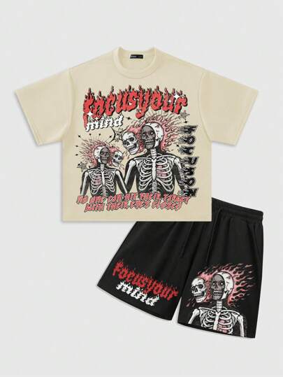 Street Life Conjunto de camiseta casual de manga corta con cuello redondo y estampado de lema y calavera, talla grande pantalón corto con cordón en la cintura para hombre