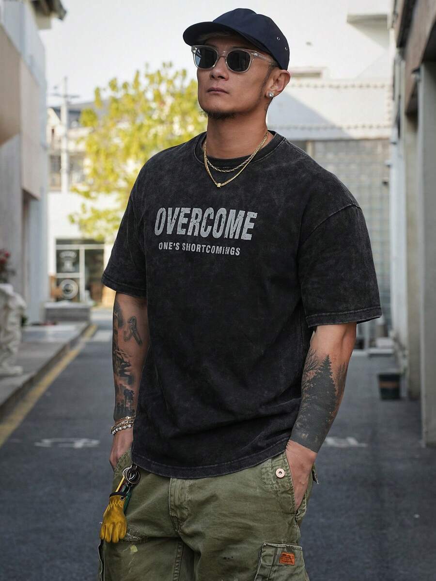 DAZY Áo thun tay ngắn cổ tròn in chữ màu đen dành cho nam, mùa hè - màu đen - Xem 1