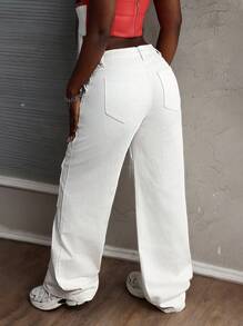 SHEIN Slayr 女士纯色纽扣前口袋简约休闲直筒工装裤 - 白色 - 查看 2