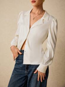 Poéselle White Shirt,Office Women Outfits,Button Up Women Shirt,Women's Solid Color Lapel Neck Puff Sleeve Single-Breasted Elegant Shirt,Simple Fashion, Old Money,Comfortable And Breathable Fabric, Suitable For Daily, Street, Commute, Holiday, Dating And Other Occasions To Wear