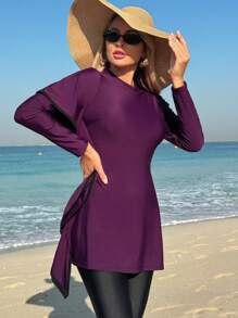 Swim Mulvari Summer Women's Loose Long Sleeve Round Neck Solid Color Beach T-Shirt With Waist Side Flying Edge And Solid Black Long Pants Burkinis Swimsuit Purple Clothes Set Arabic Clothing - Purple - View 3