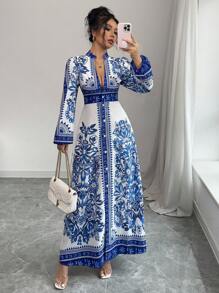 Elenzga 女士花卉印花 V 领纽扣优雅中长连衣裙