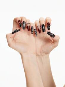 ROMWE 10pcs Gothic Skeleton Studded High-Quality False Nails + 3 Double-Sided Tapes, Y2K Goth Punk Manicure, Detachable Contrast Color Handpainted Nail Stickers, Suitable For Festivals, Parties, Dancing And Everyday Wear, Halloween - Multicolor - View 6