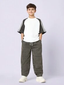 SUMWON 优质宽松牛仔裤，松紧腰带，拼接设计青少年男孩街头潮流裤，舒适休闲日常穿着，青春时尚 - 黑色 - 查看 3