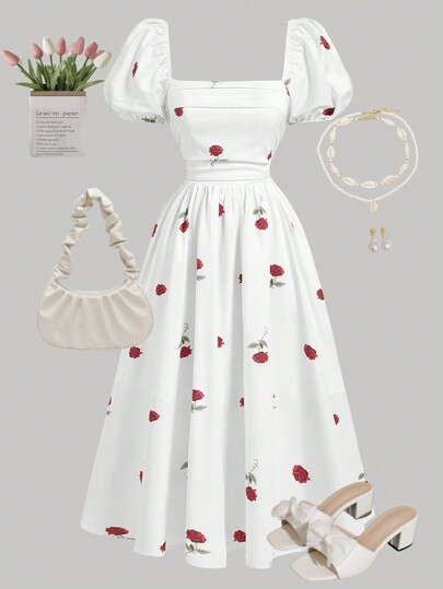 SHEIN Vestido midi de línea A con abullonados mangas, arrugado en la cintura, con estampado floral blanco para niñas adolescentes, estampado de rosa, elegante y lujoso para vacaciones, apropiado para el Día de San Valentín, primavera/verano