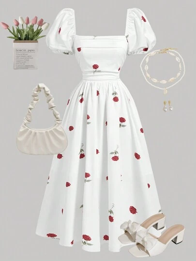 SHEIN Girlism White Floral Puff Sleeve Waist Ruched A-Line Midi Dress For Teen Girls, Rose Print, Elegant Luxury Vacation Wear, Suitable For Valentine's Day, Spring/Summer Holiday Outfits