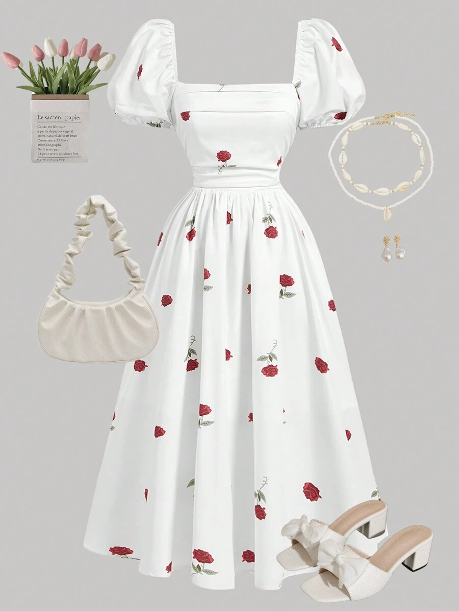 SHEIN Girlism Váy midi chữ A nhún bèo tay bồng họa tiết hoa màu trắng cho bé gái tuổi teen, họa tiết hoa hồng, trang phục nghỉ dưỡng sang trọng thanh lịch, thích hợp cho ngày lễ tình nhân, mùa xuân/hè - trắng - Xem 1