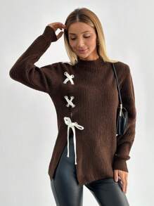 EURMUSE Casual Contrast Color Cross Cord Placement Rib Knit Brown Sweater With Slit - Brown - View 4