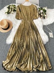 SHEIN LUNE Plus Size V-Neck Short Sleeve Metallic Commuting Elegant Dress - Gold - View 2