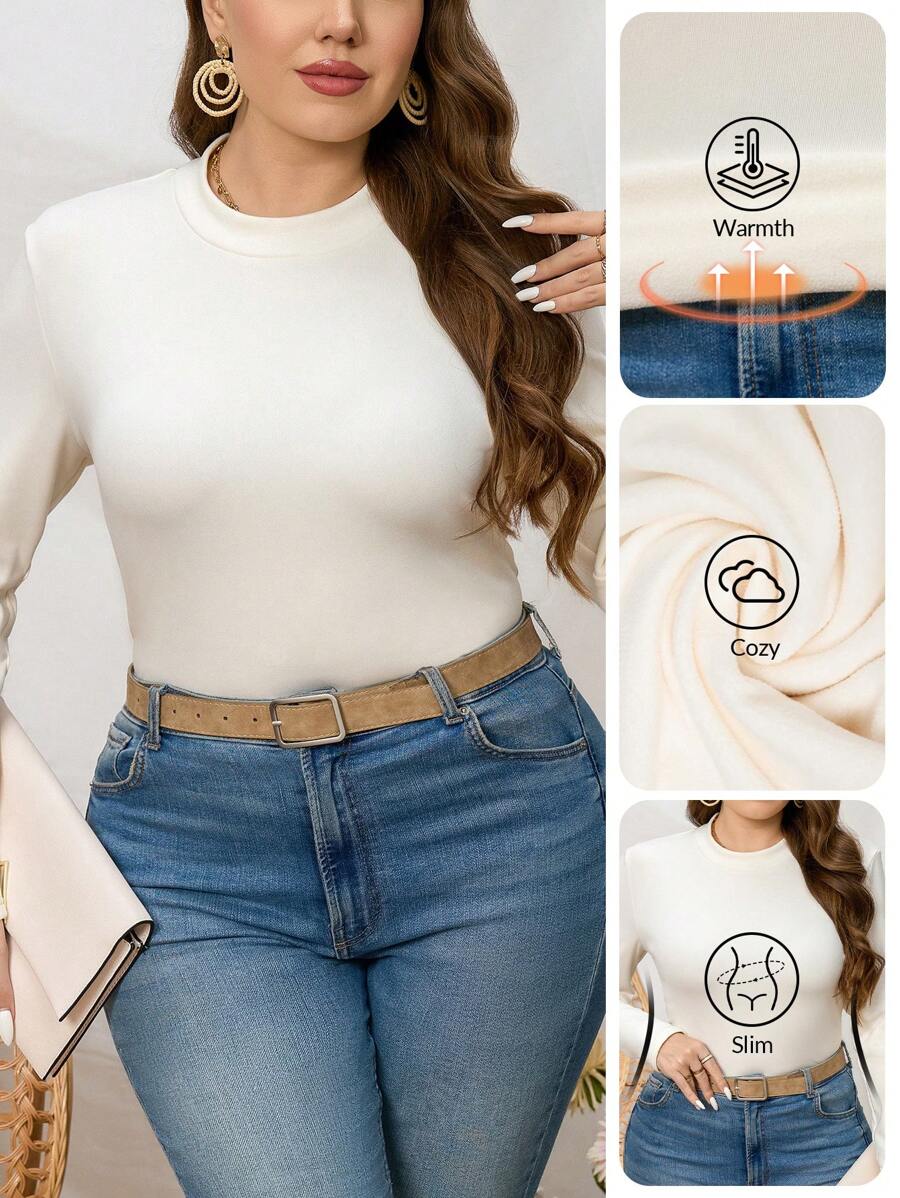 SHEIN LUNE 大码纯色立领长袖休闲宽松T恤秋季女装秋季T恤秋季女装秋季女装情人节 - 白色 - 查看 1