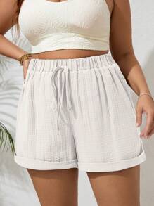 SHEIN VCAY Plus Tie Waist Roll Up Hem Summer Shorts - White - View 7