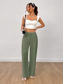 SHEIN PETITE Women's Linen High Waisted Summer Baggy Pants