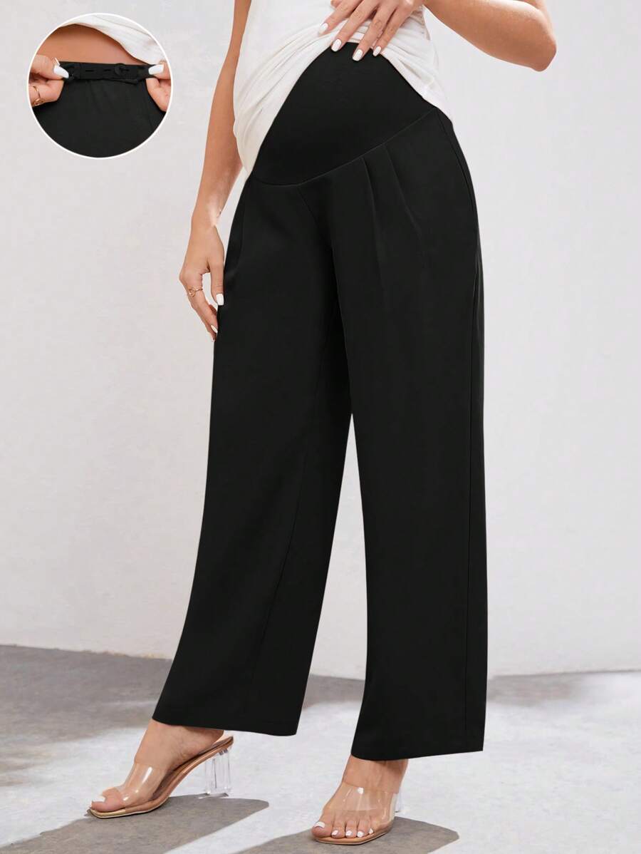 SHEIN Maternity Solid Color High Waist Adjustable Simple Casual Pants, Everyday Wear - Black - View 1