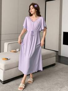 DAZY Solid Color Lace Patchwork Cinched Waist Women Casual Dress Loungewear Pajama - Purple - View 1