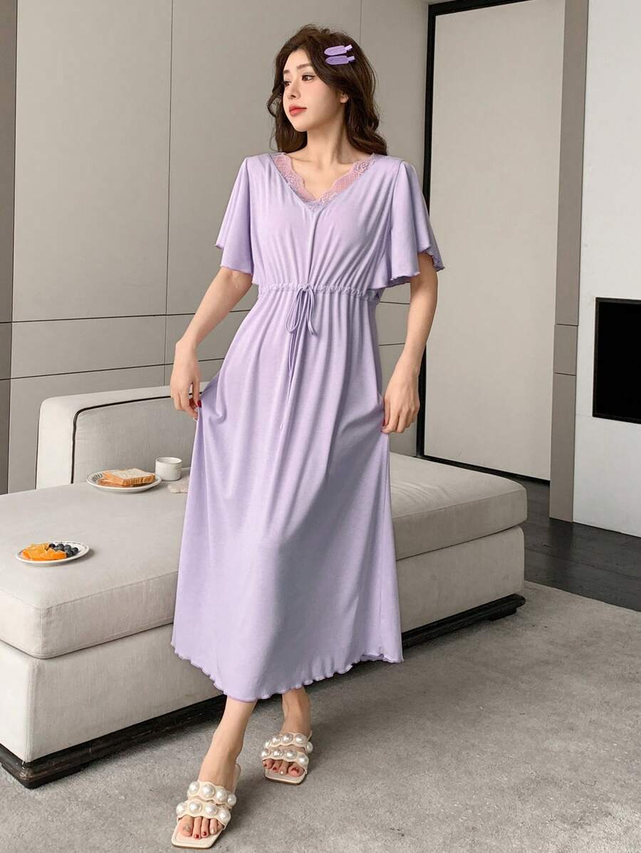 DAZY Solid Color Lace Patchwork Cinched Waist Women Casual Dress Loungewear Pajama - Purple - View 1
