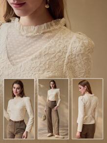 MOTF PREMIUM CONTRAST MESH FRILL NECK TOP - Apricot - View 2