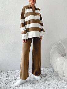 2pcs/Set Women's Front Button Long Sleeve Striped Minimalist Top And Pants Outfit - Camel - View 4
