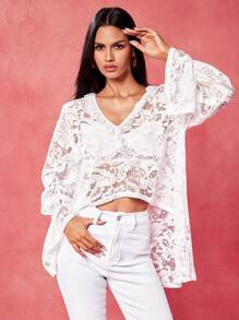 Oxana Blusa holgada de mujer con escote en V de encaje transparente, bajo asimétrico, estilo bohemio, ideal para verano, salidas, festivales, playa, conciertos, vacaciones, uso casual y de oficina, estilo occidental, boho, ropa de calle