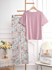 2 pezzi/set Ragazze adolescenti Set casual da casa con top in tinta unita e pantaloni con motivo floreale, manica corta e pantaloni lunghi
