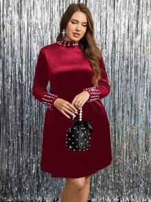 SHEIN Clasi 大码优雅黑色天鹅绒珠饰长袖宽松连衣裙，适合秋冬季派对 - 紅色 - 查看 5