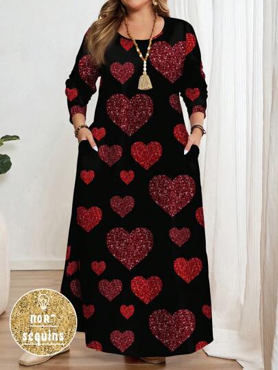 EMERY ROSE Plus Size Casual Minimalist All-Over Print Long Sleeve Round Neck Dress, Suitable For Autumn/Winter