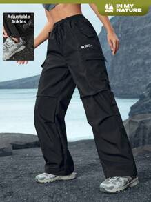 In My Nature Pantalones cargo holgados con impresión de letras, cintura con cordón y bolsillos para mujer