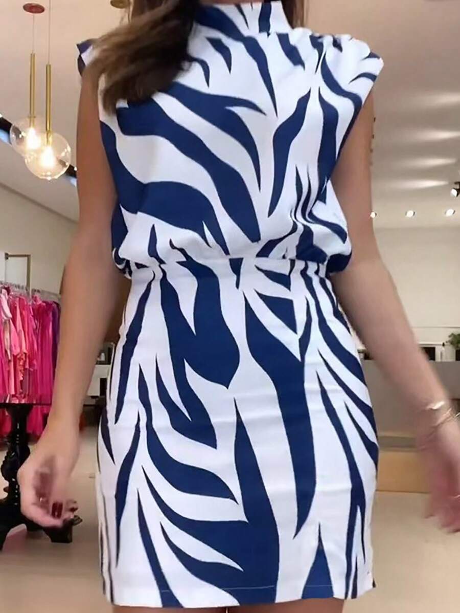 SHEIN VCAY 女式立领宽松花卉印花迷你休闲连衣裙 - 藍色 - 查看 1