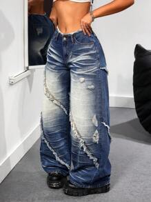 SHEIN ICON 女式宽松破洞口袋磨边下摆休闲牛仔裤 - 藍色 - 查看 3