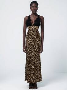 Aveloria Modichic Sexy Lace Spaghetti Strap V-Neck Leopard Print Patchwork High Waist Bodycon Dress - Multicolor - View 6