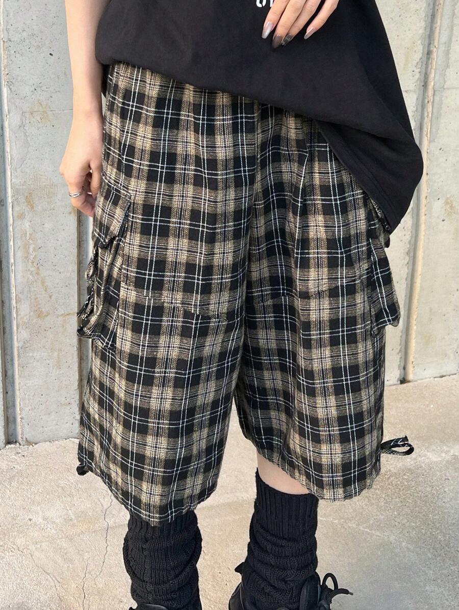 FRIFUL Pantalones cortos casuales para mujer con bolsillo a cuadros y diseño minimalista para uso diario - Multicolor - Ver 1