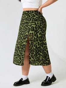 SHEIN EZwear Falda con estampado de leopardo y cintura elástica para mujer talla grande