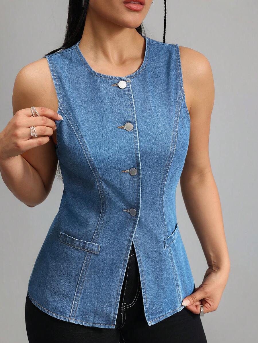 SHEIN Tall 女式牛仔上衣 休闲长款背心 蓝色女式上衣 女式衬衫 秋季 夏季 女式高腰上衣 女式妈妈上衣 夏季上衣 吊带背心 女式高腰上衣 女式高腰上衣 - 中等水洗藍 - 查看 1