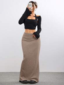 SHEIN EZwear Faldas de franela de punto de cable de uso casual para otoño/invierno - Caqui - Ver 5