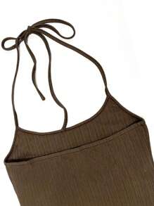 Sweetra Women Elegant Solid Color Ribbed Mermaid Hem Halter Neck Slim Long Dress, Summer Maxi Women Outfit