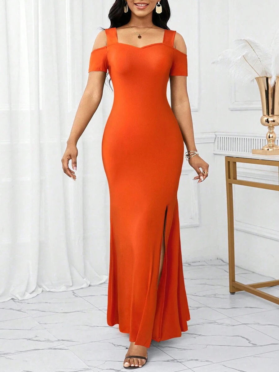 SHEIN Lady Vestidos de invitada de boda Vestidos de recepción de mujer de unicolor para vacaciones Vestido con tirantes - Naranja - Ver 1