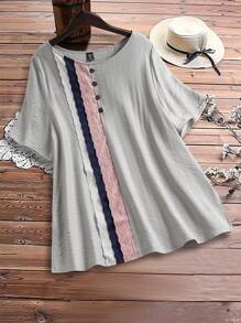 Rusticease Plus Size Women's Color Block Round Neck Loose Casual Short Sleeve Grey Blouse, Vacation Woman, Blouse For Women, Summer Top Women - Grey - View 7